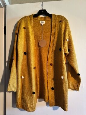 BiBi Mustard Knit Open Cardigan with Pom-Poms